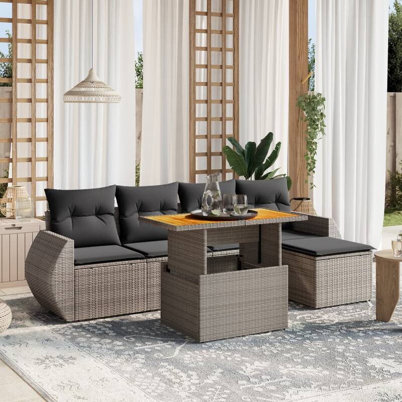 vidaXL Patio Sofa Set with Cushions Modular Sofas and Table 6 Piece Poly Rattan - 21.7 x 39.4 x 28.7 - Grey