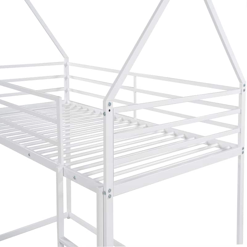 Twin Size Floor Bunk Bed Frame, Heavy Duty Metal House Bunk Bed, Twin over Twin House Shaped Bed Frame with Convertible Ladder