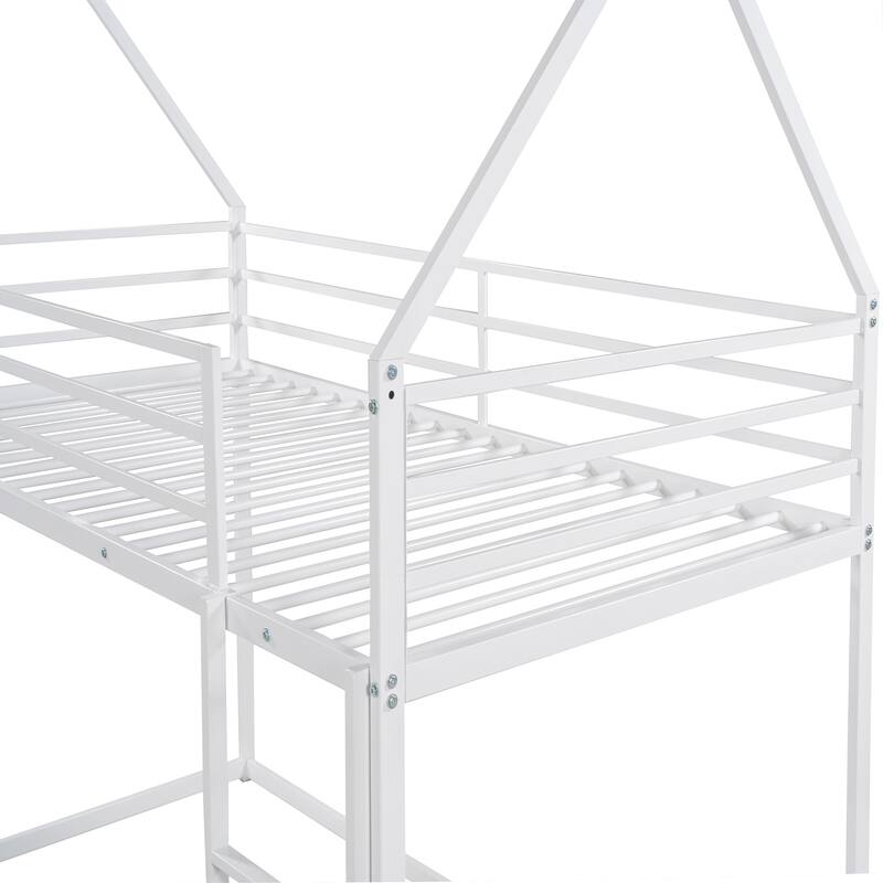 Twin over Twin House Bunk Bed with Built-in Ladder House Shaped Metal Floor Bunk Beds w/Length Guardrail, No Box Spring Needed