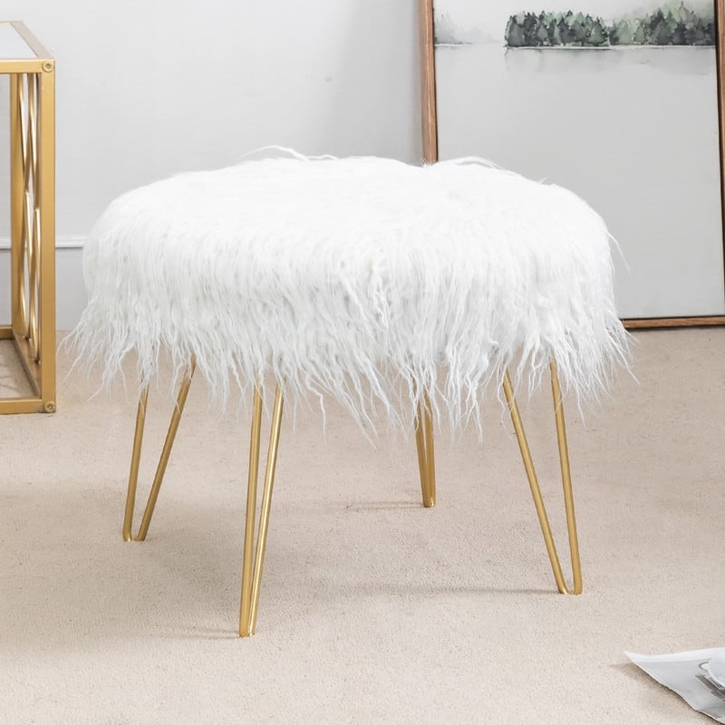 Adeco Round Footrest Faux Fur Ottoman Vanity Chair Fluffy Cushion