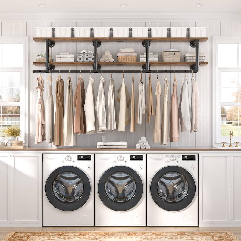 Floating Pipe Heavy-Duty Garment Rack, Wall-Mounted Closet Organizer with Storage Shelves