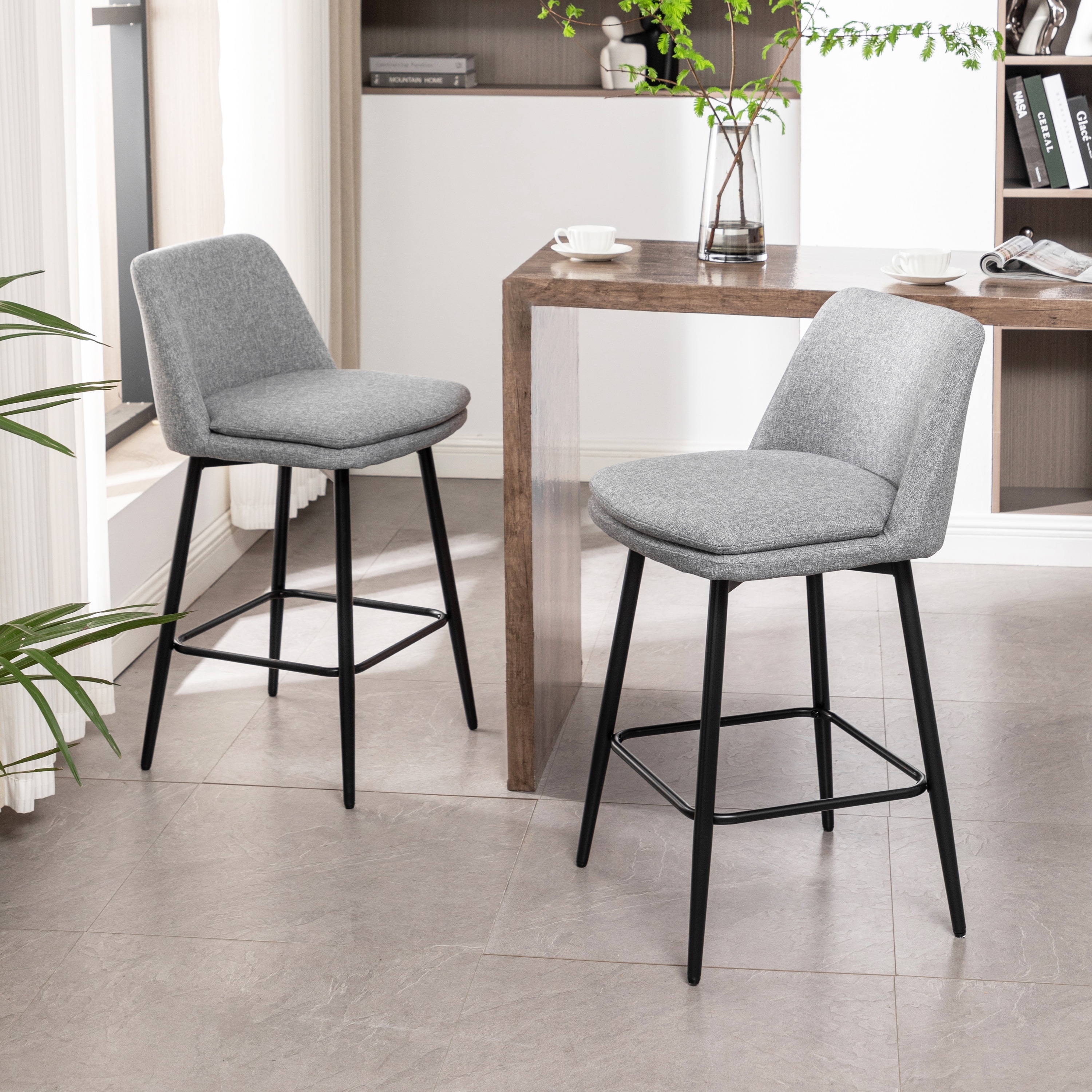 Linen Swivel Bar Stools Set of 2, Counter Height Upholstered Bar Stools, Bar Chairs with Curved Back & Metal Legs