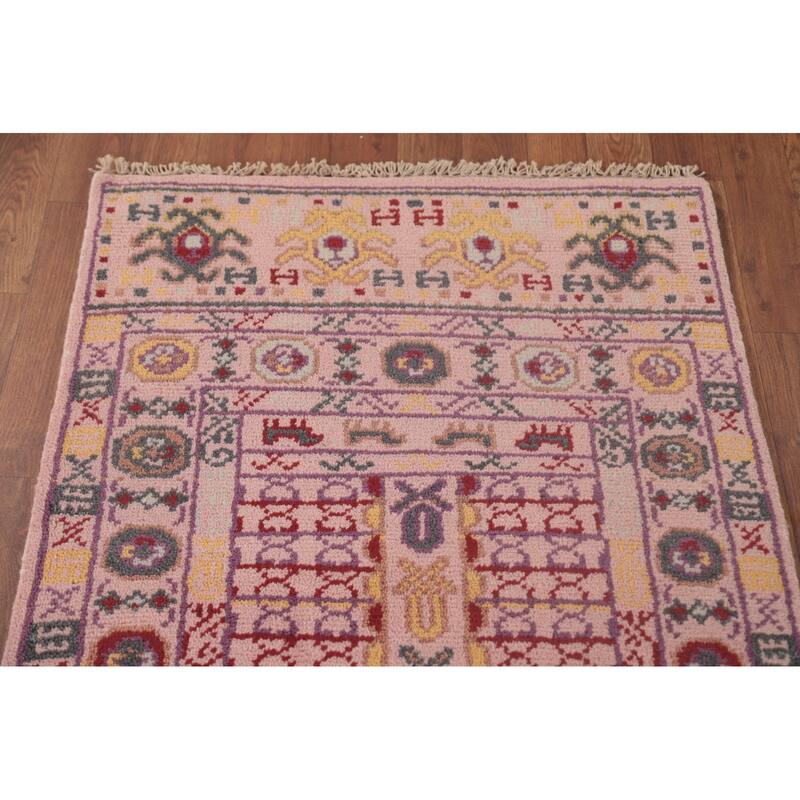 Tribal Pink Geometric Khotan Oriental Runner Rug Handmade Wool Carpet - 2'5"x 9'11"