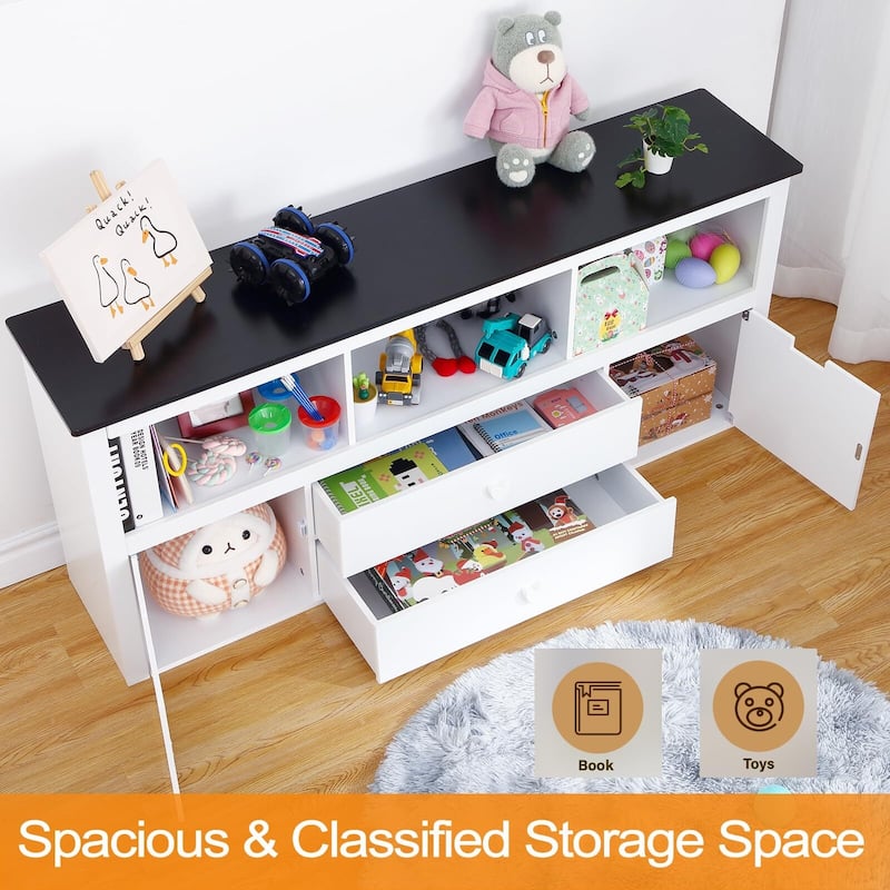 Wooden Toy Organizer Bins with Movable Drawers & Blackboard Top Kids Bookshelf