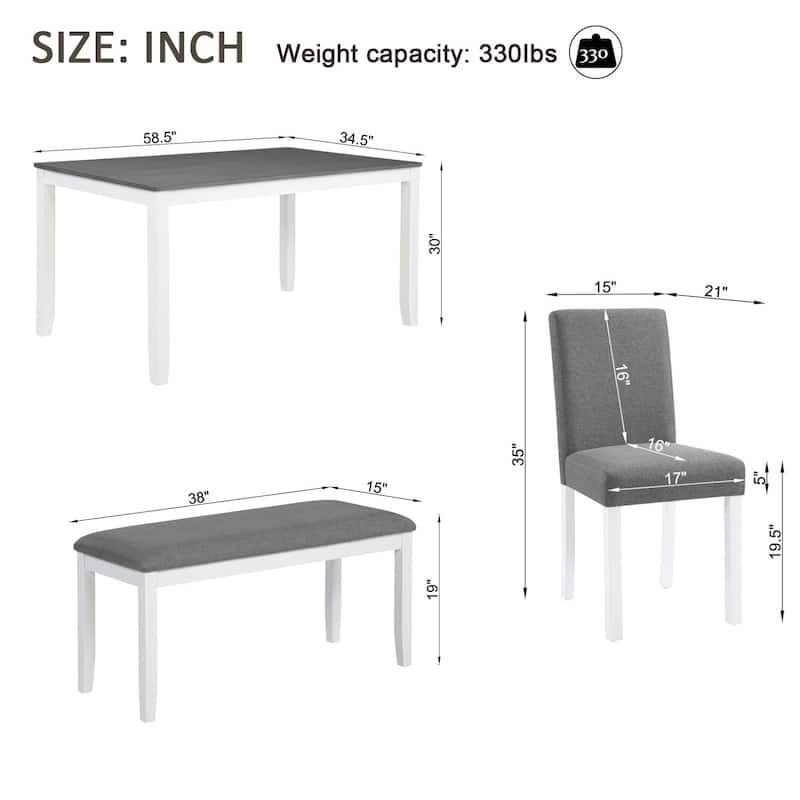 6-Piece Dining Set, 58.5" Wooden Dining Table with Bench and 4 Chairs