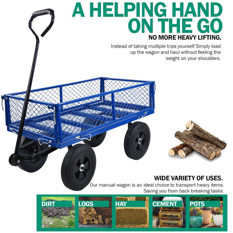 Tool Cart with Solid Tires for Lawn, Garden, and Farming Tasks - Spacious Bed for Debris, Tools, and Fertilizers - Metal