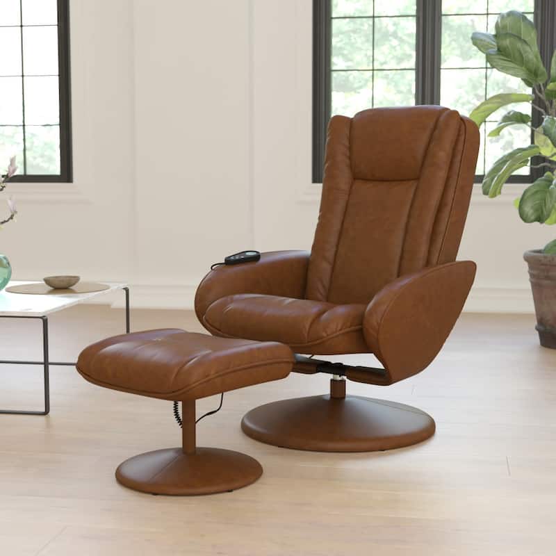 LeatherSoft Massaging Multi-Position Recliner w/Side Pocket & Ottoman - Brown