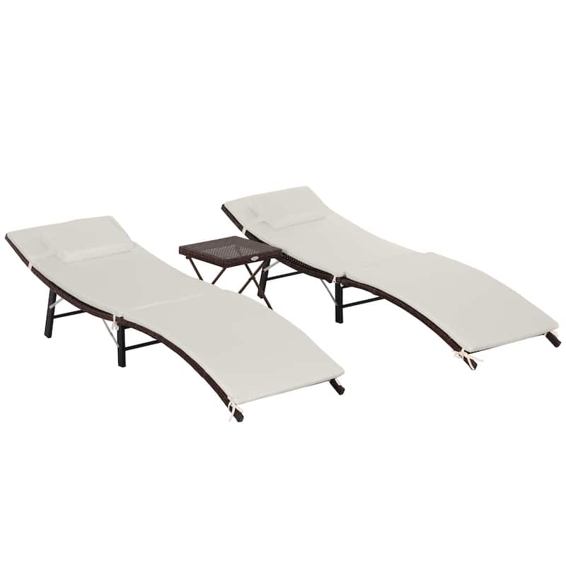 Outsunny 3 Piece Outdoor Folding Rattan Wicker Chaise Lounge Chair and Side Table Set
