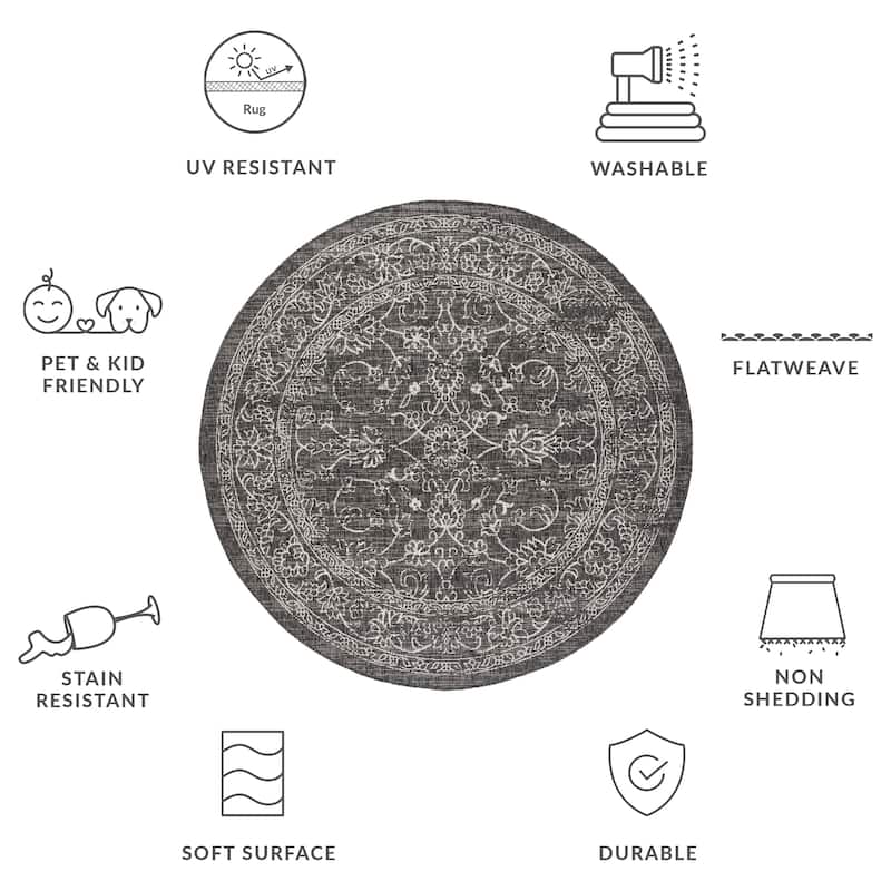 SAFAVIEH Courtyard Hasina Indoor /Outdoor Waterproof Patio Backyard Rug - 6'7" Round - Black/Ivory