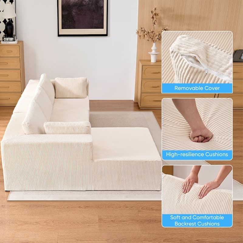 Mixoy 3-Pcs Free Combination Modular Sectional Sofas,Corduroy Compressed L-Shaped Sofa with Flexible Configuration - 3-Seater