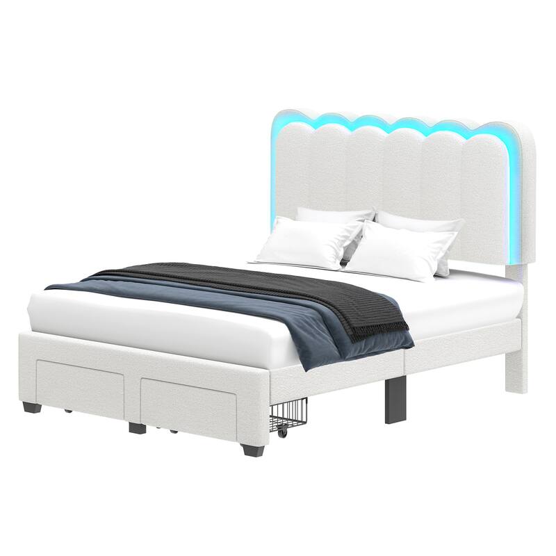 Adjustable Headboard Lamb Wool Bed Frame with Drawer and Charging Station & LED Lights