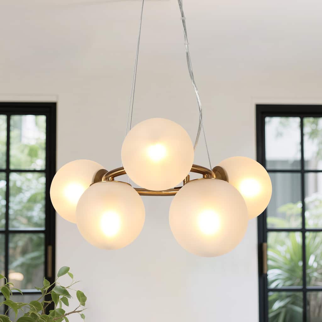Modern Gold 5-Light Wheel Chandelier Globe Glass Pendant Light - W20" x H10"