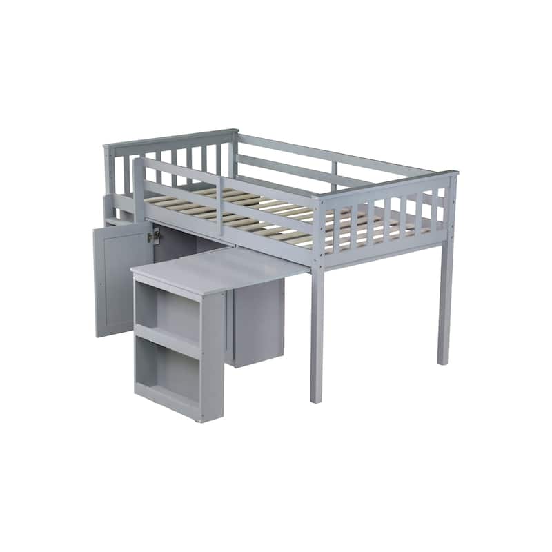 Roomfitters Twin Loft Bed with Storage Cabinet, Pull-Out Desk & Shelving, Rubber Wood Bed with Safety Guardrail & Ladder, Grey