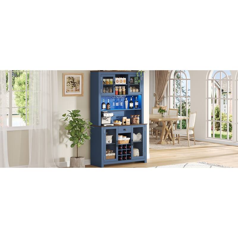 Kitchen Pantry Cabinet with LED Light, Built-in Power & USB Outlets, Kitchen Hutch Cabinet with Doors, Wine Rack & Shelves