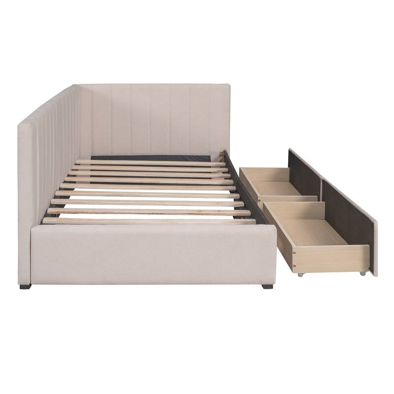 Beige Twin Linen Upholstered Daybed with Storage Drawers - Box Spring Not Needed
