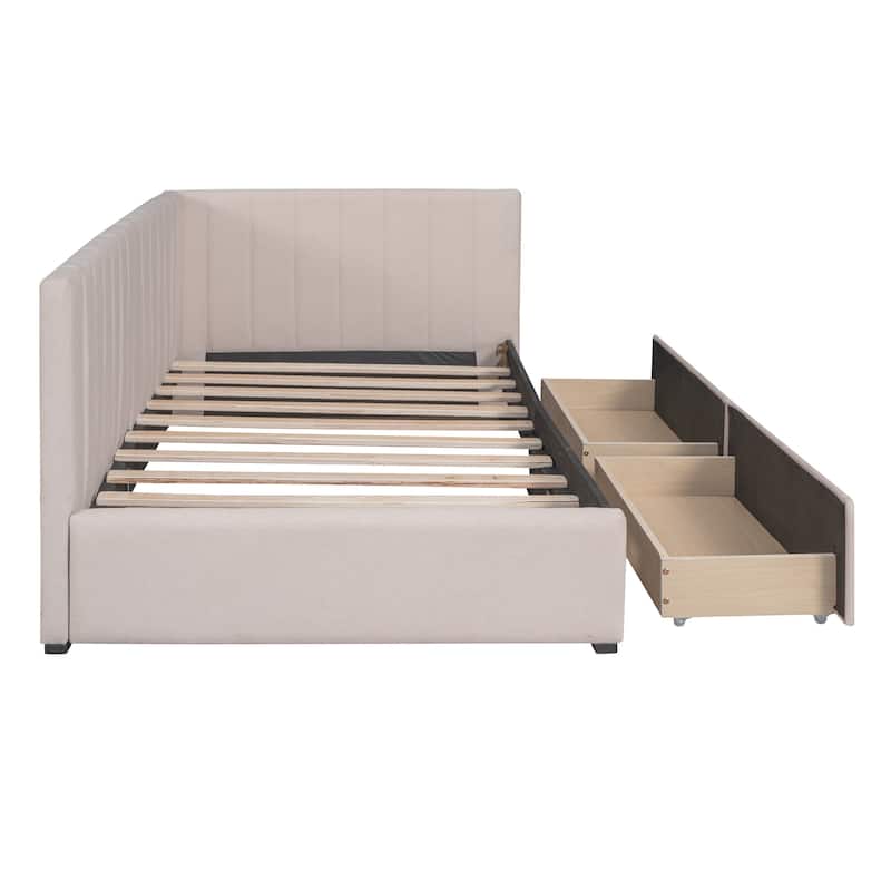 Semi-Closed Platform Bed Twin Size Upholstered Daybed with Storage Drawers, Linen Fabric Sofa Bed Frame with Wood Slat Support