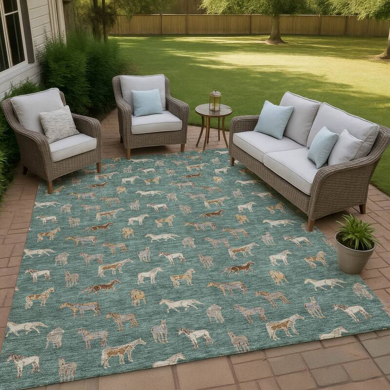 Machine Washable Indoor/ Outdoor Horses Chantille Rug - Basil - 8' x 10'