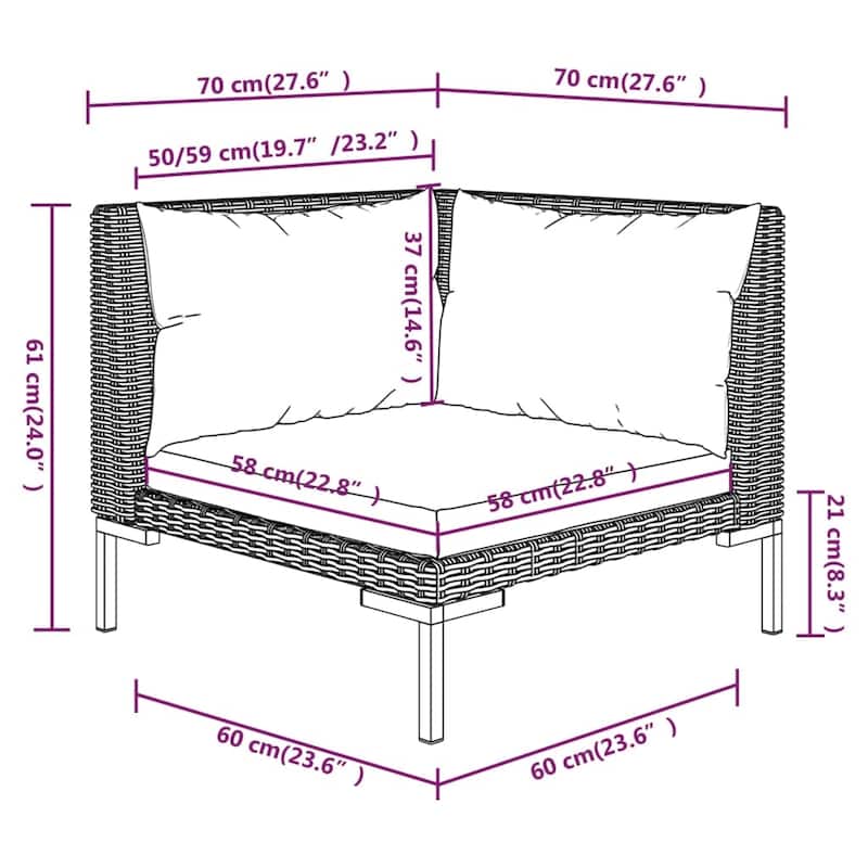 vidaXL Patio Lounge Set Outdoor Sectional Sofa Set Table Poly Rattan Dark Grey - 27.6" x 27.6" x 24"