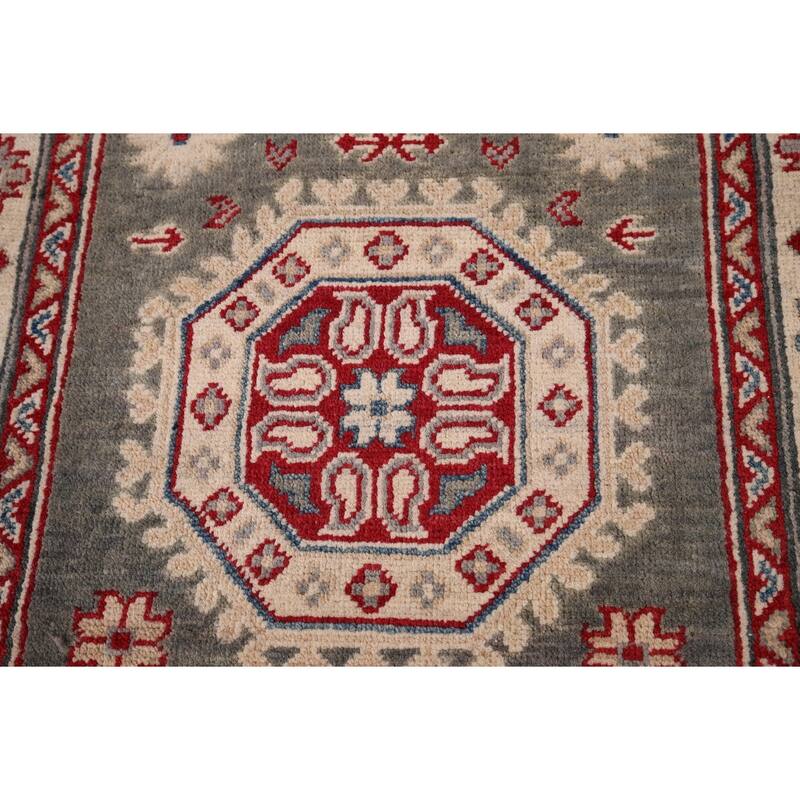 Gray Geometric Kazak Oriental Runner Rug Handmade Wool Carpet - 2'8" x 16'4"