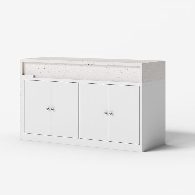 Modern Kitchen Island with Pull-Out Faux Marble Top, White Storage Cabinet with Large Capacity Shelves Kitchen Dining Table