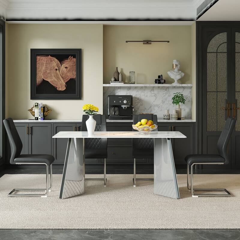 5-Piece Dining Table Set with Marble Pattern, Chair With Arched Metal Silver Leg, Adjustable Feet and Non-slip Pads Black
