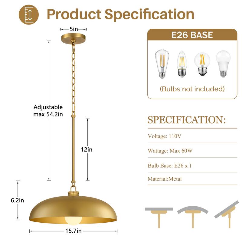 1 -Light Farmhouse Metal Dome 15.7inch Kitchen Hanging Pendant Light