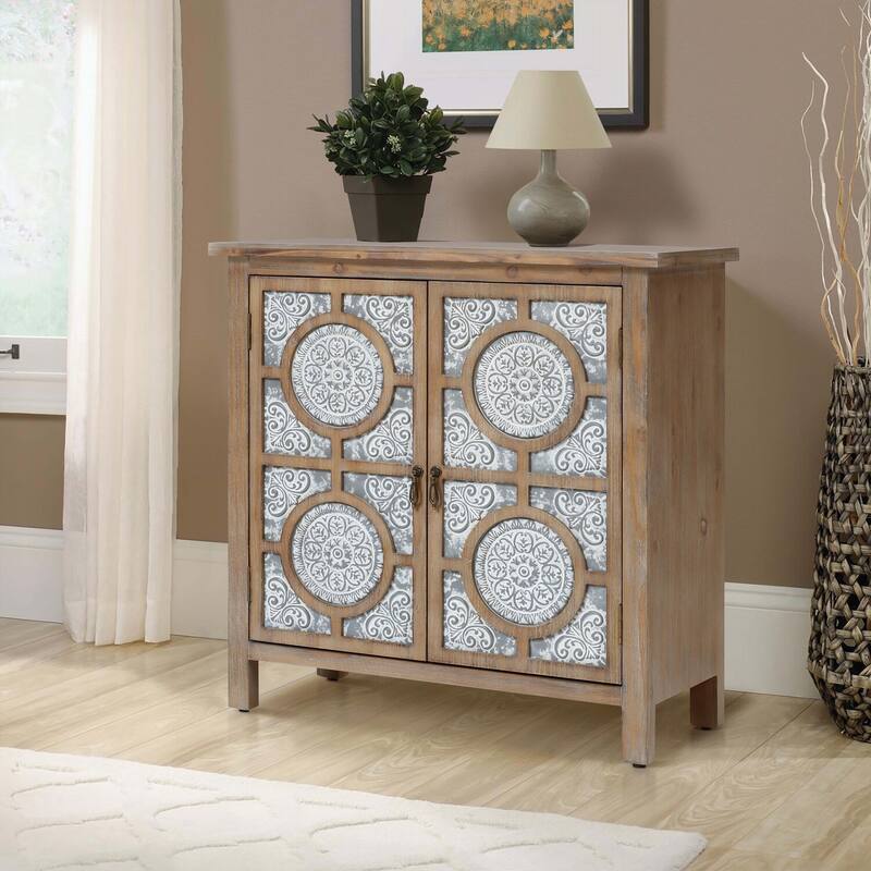 Storage Cabinet 2-Door Metal Lattice Wood Accent Cabinet - 31.5" Wide Home Decor