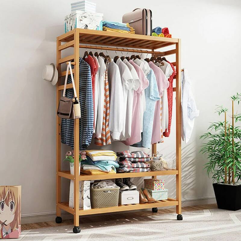 Bamboo Rolling Clothes Rack with Storage Shelves and Hanging Rod - W 30.9" x D 15.75" x H 66.34" - Wood