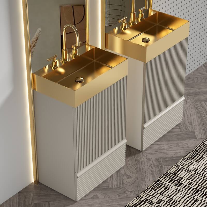 20" Striped Bathroom Vanity with Integrated Brushed Gold Stainless Steel Bathroom Sink, One-Piece Metal Basin without Faucet