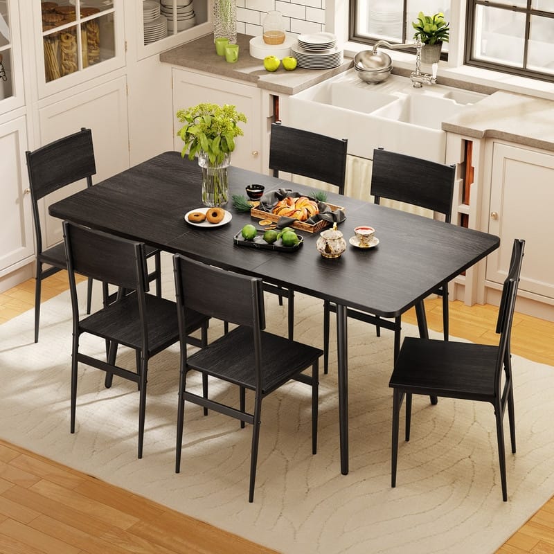 7 Piece Industrial Dining Table Set for Kitchen with 6 Chairs Longboard Backrest - Black