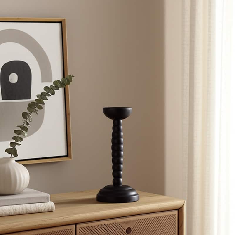 Wood Candle Holder Sculpted Round Base and Turned Detailing Accent
