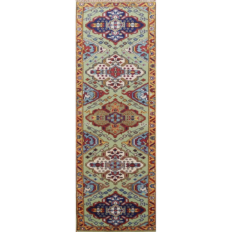 Light Green Kazak Indian Runner Rug Hand-Knotted Wool Carpet - 2'7" x 9'8"