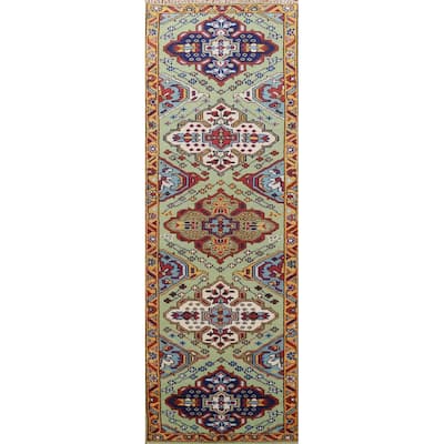 Light Green Kazak Indian Runner Rug Hand-Knotted Wool Carpet - 2'7" x 9'8"