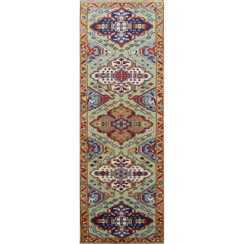 Hand Knotted Oriental 100% Wool Carpet Traditional Geometric Green Kazak Runner Rug - 9' 8'' X 2' 7''