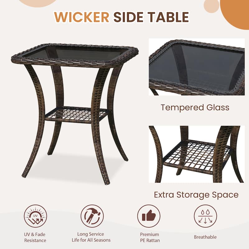 Outdoor Swivel Rocker Bistro Set - 3 Piece Wicker Patio Set with Swivel Rocking Chairs, Cushions, and Tempered Glass Side Table