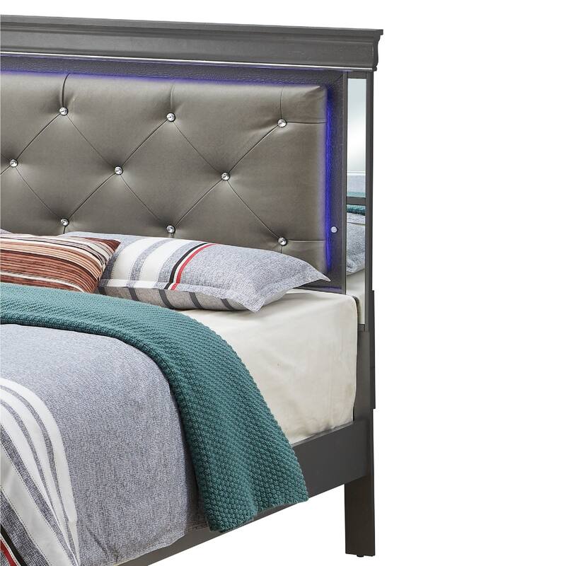 Jewel Tufted Upholstered Mirrored Panel Queen Bed with LED Light - 85" - Black