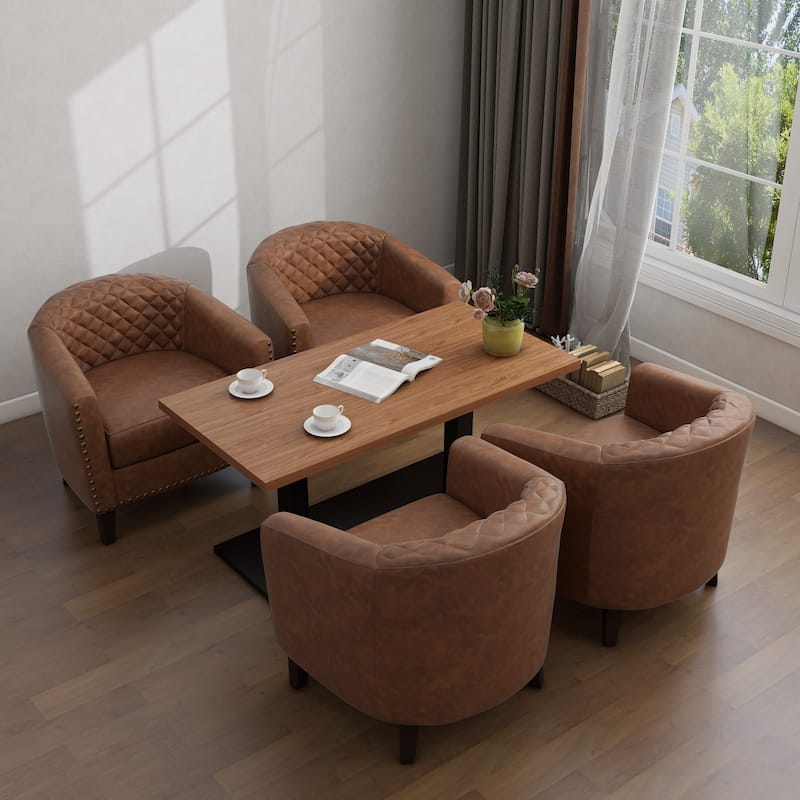 Modern Leather Nailheads Trim Barrel Accent Chairs with Wood Legs