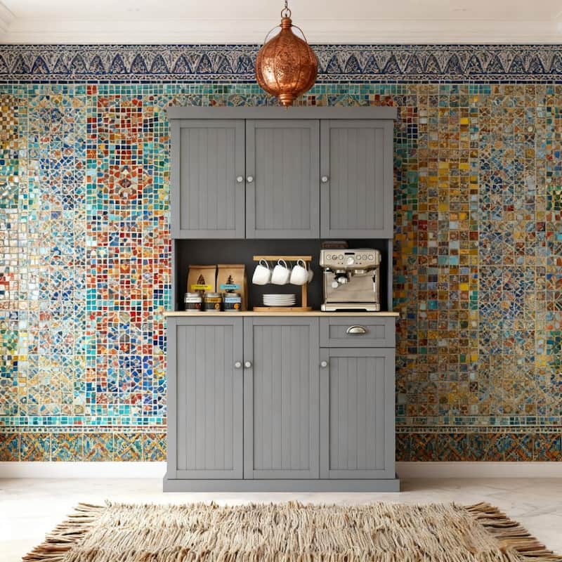 Kitchen Buffet with Microwave Oven Countertop, Drawer, and Cupboard Modern Farmhouse Kitchen Pantry Storage Cabinet