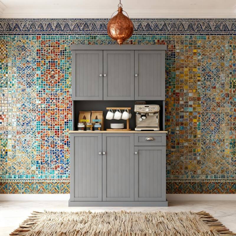 Large Kitchen Pantry Cabinet, 70.8" Wood Hutch Cabinet with Storage Drawers, Farmhouse Food Pantry with Microwave Stand