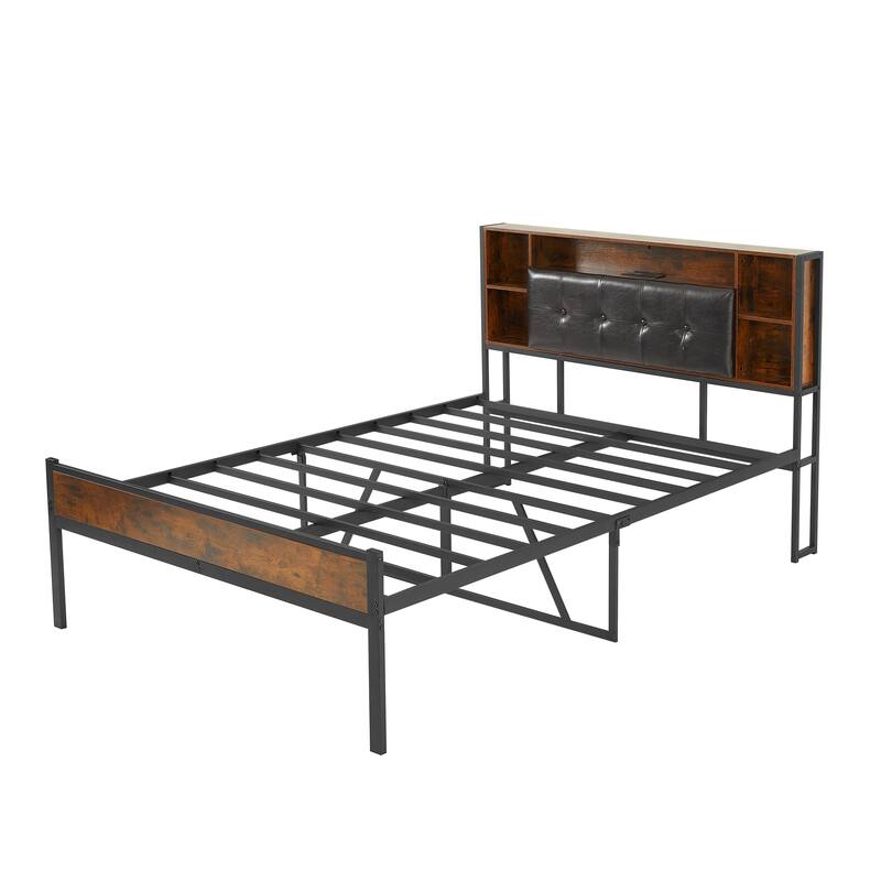 Metal Bed Frame with Storage Headboard/USB Charging Station