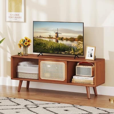 Modern TV Stand Entertainment Media Console W/ Rattan Glass Doors - 47 inches in width