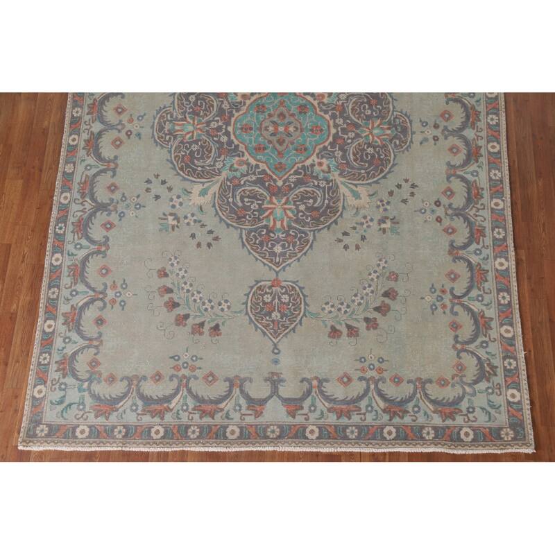 Hand Knotted Oriental 100% Wool Carpet Traditional Medallion Green Tabriz Area Rug - 10' 9'' X 7' 6''