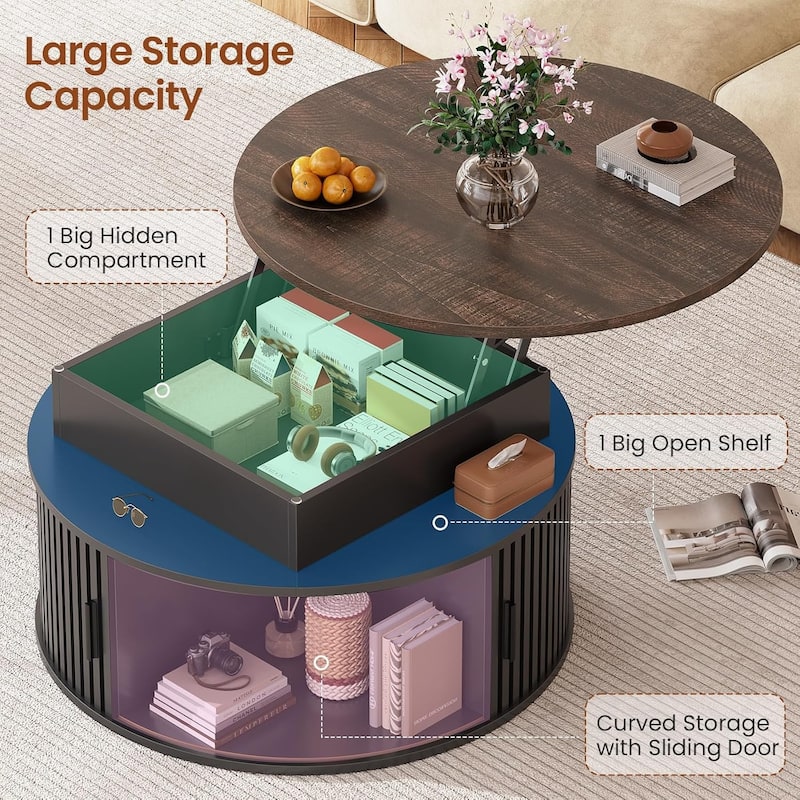 Lift Top Coffee Table 3-Tier Round Coffee Table Storage Center Table