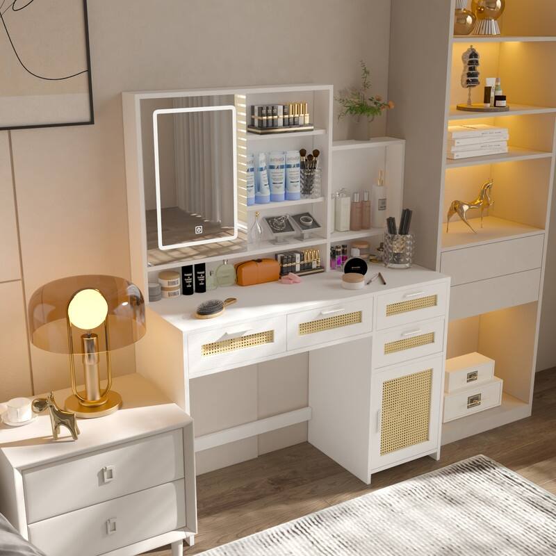 Make Up Vanity with LED Lights and Openable Mirror, Rattan Vanity Desk with 4 Drawers, 1 Cabinet and Storage Shelves for Bedroom