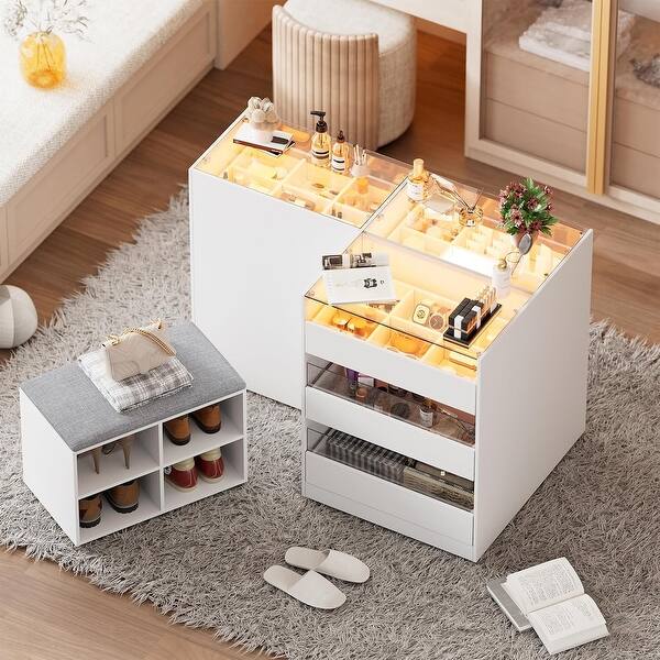 PAKASEPT Armoire Bedroom Island, Wardrobe Closet Island Dresser with Glass Showcase, Charging & 3 Color LED Light