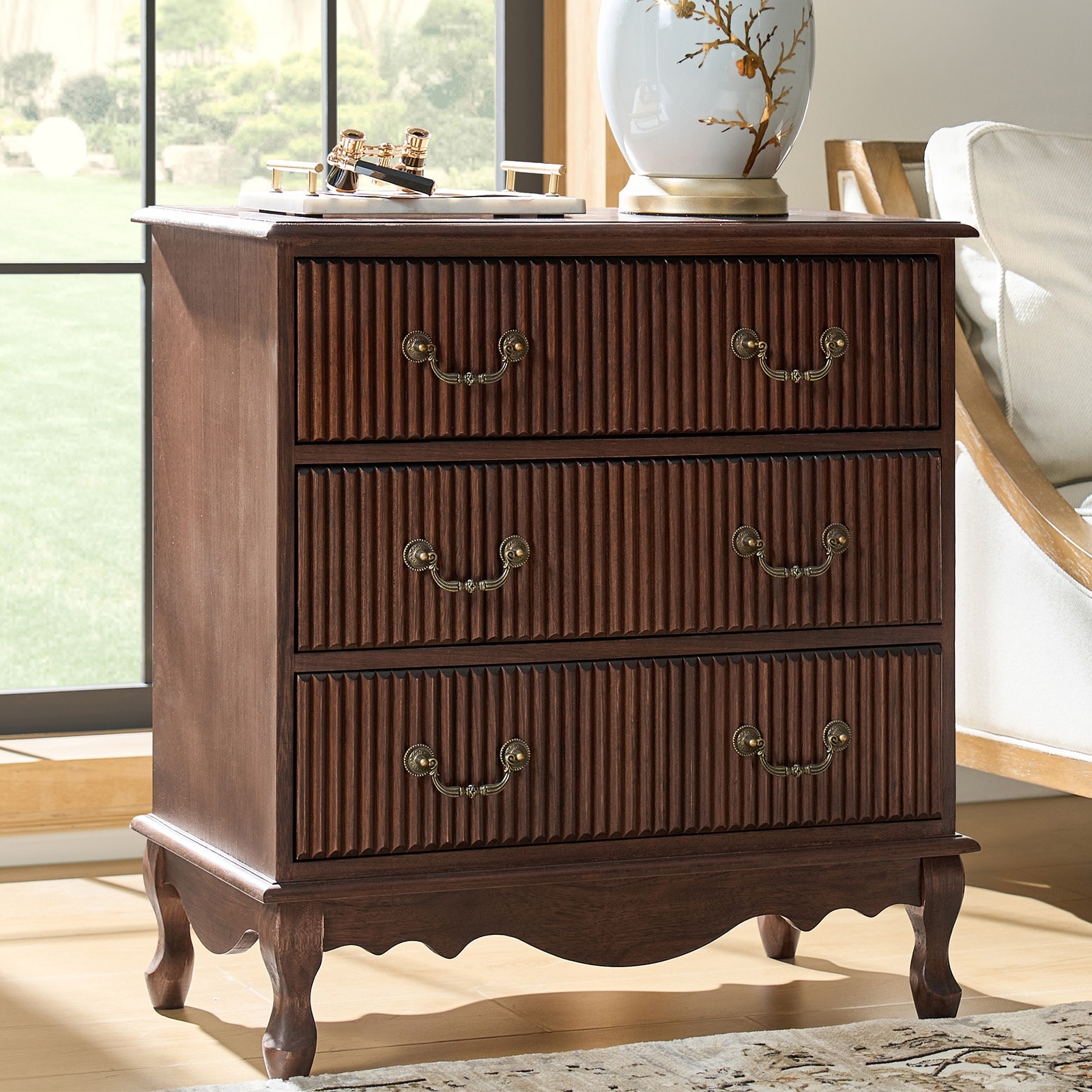 HULALA HOME Hippe Transitional 28"W 3-Drawer Solid Wood Fluted End Table with Built-In Power Outlet and Simple Assembly