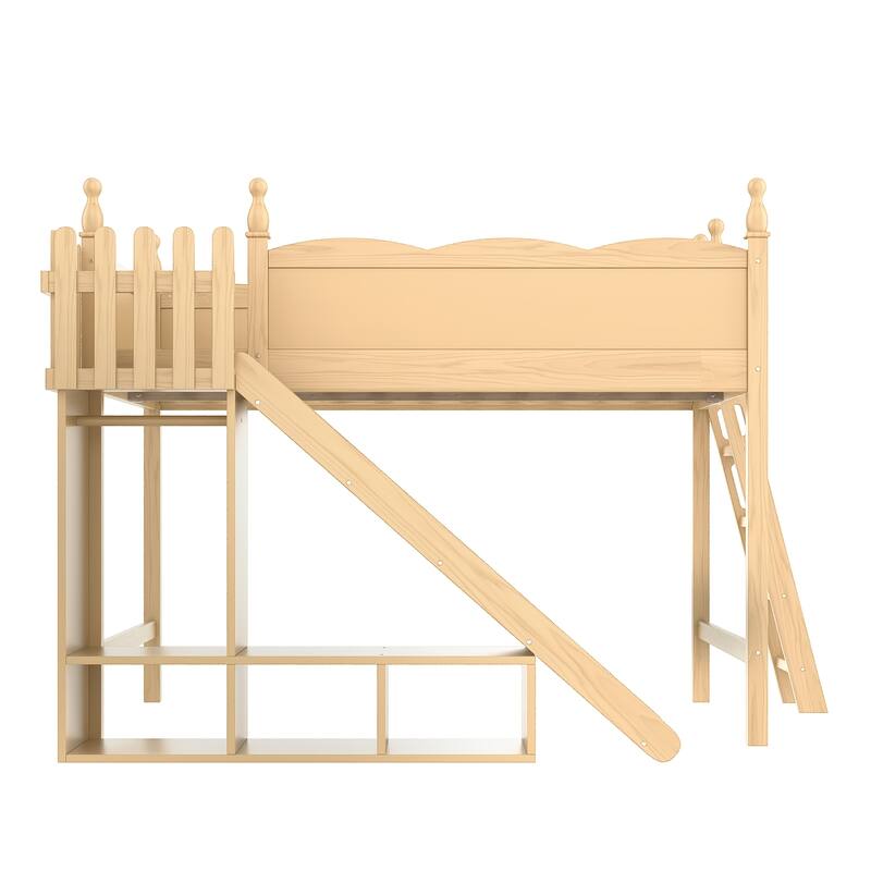 Queen Loft Bed with Storage Shelves and Wardrobe, Solid Wood Loft Beds with Detachable Slide and Ladders, No Spring Box Needed