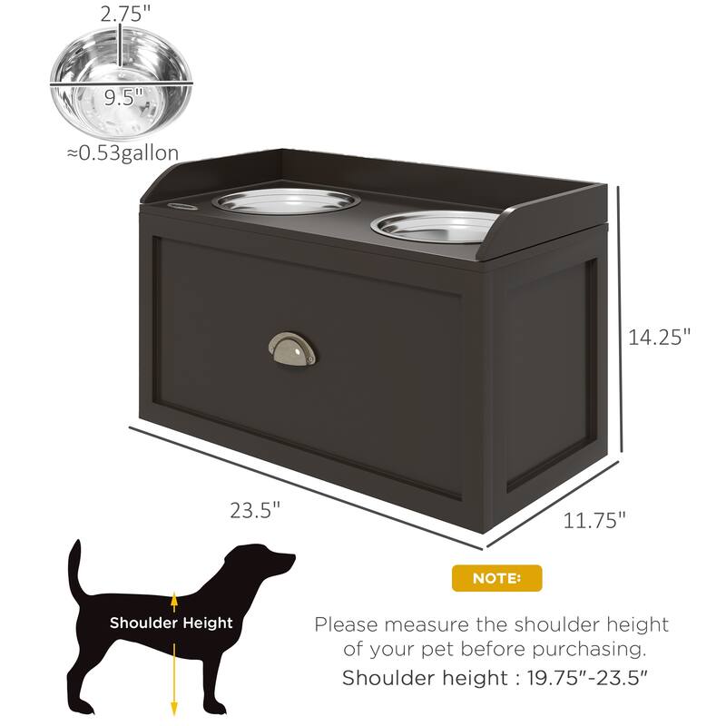 Elevated Dog Feeder Stand for Large Dogs with Storage Drawer and 2 Stainless Steel Bowls - 23.5" W x 11.75"D x 14.25" H
