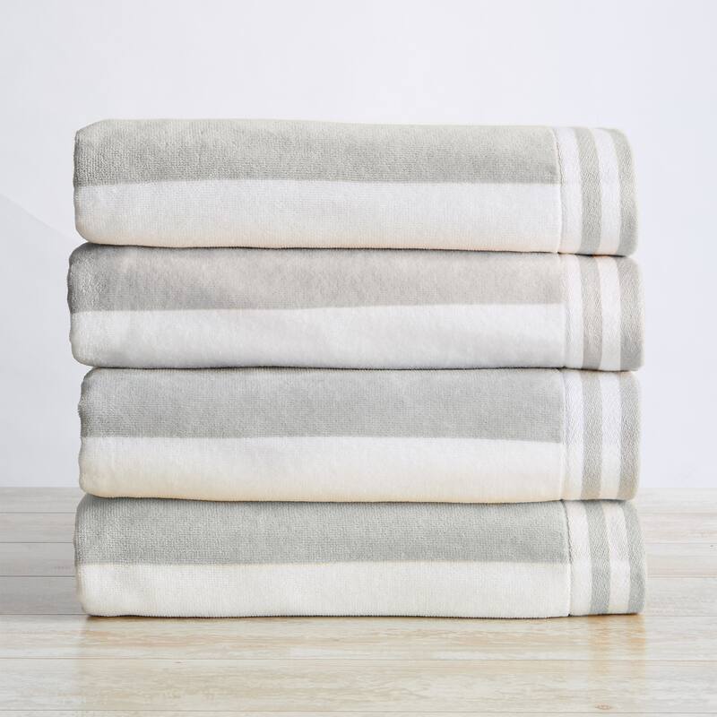 Linery & Co. 100% Cotton Velour Cabana Stripe Oversized Beach Towel. - 4 Pack- 35" x 70" - Pale Grey