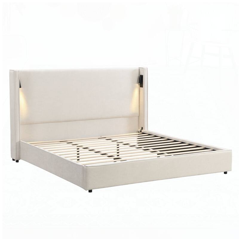 Upholstered Bed Frame with High Wingback Headboard,Reading Lamp and USB port